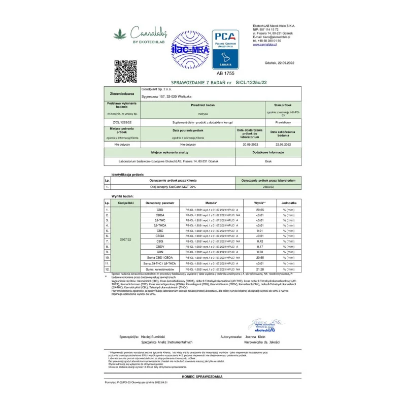 Olejek konopny SatiCann MCT 20% CBD, gwarancja stężenia – 10 ml | 