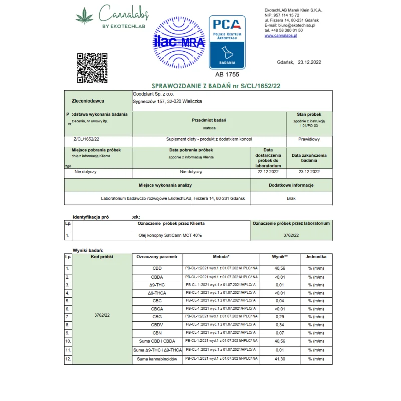 Olejek konopny SatiCann MCT 40% CBD, najwyższe dostępne stężenie – 10 ml | 
