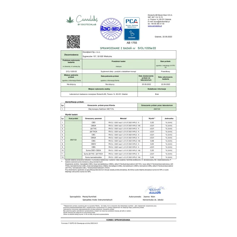 Olejek konopny SatiCann MCT 5% CBD, gwarancja stężenia – 10 ml | 